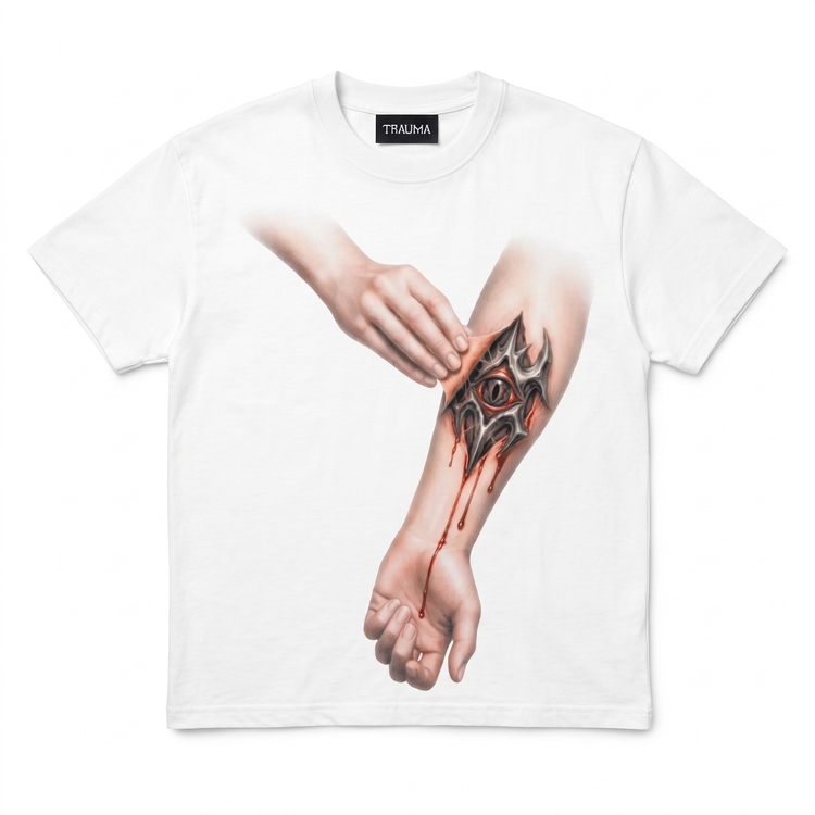 White TRAUMA Armstrong Tee with oversized anatomical wrist graphic on front